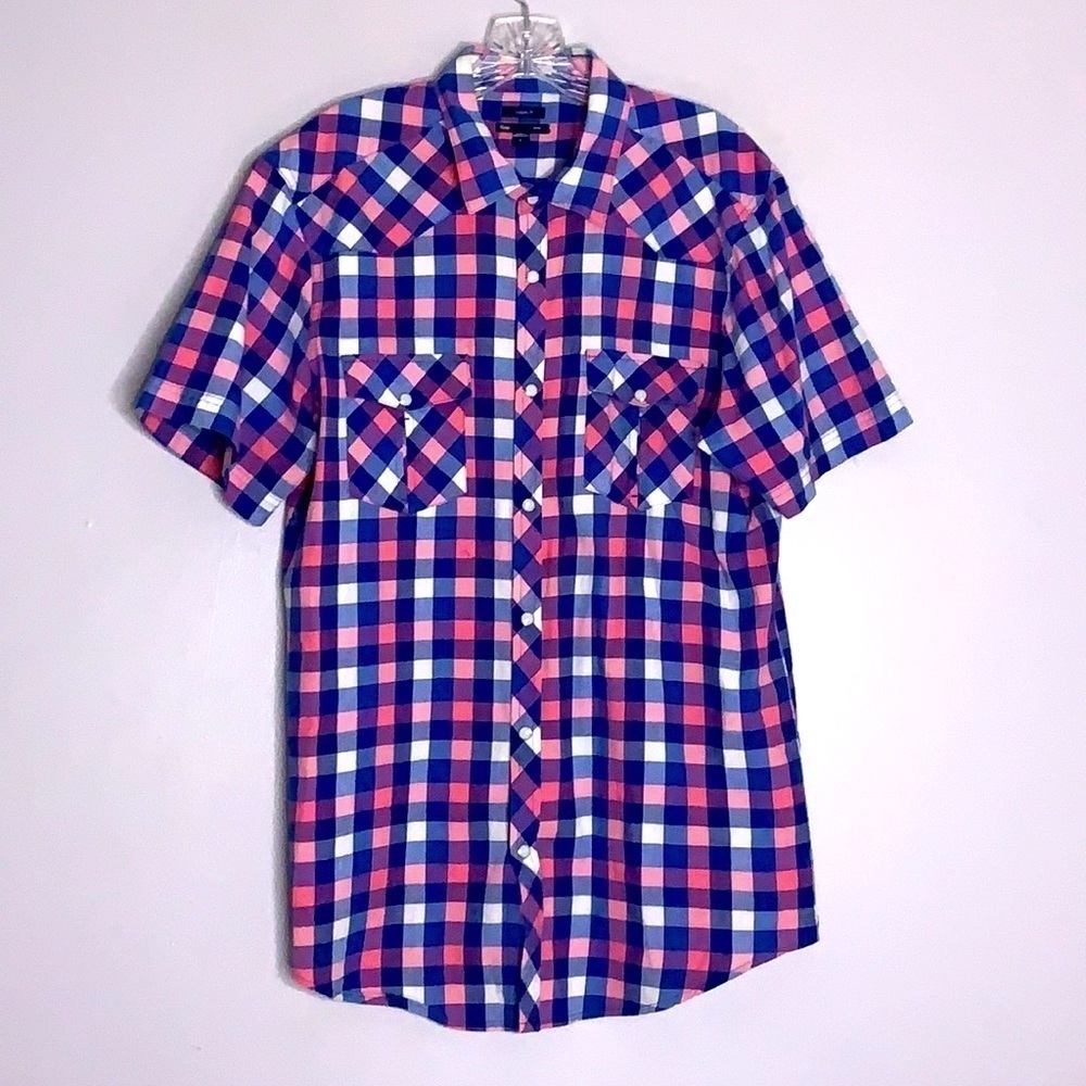 Gap classic fit checkered short sleeve button down shirt size large pink